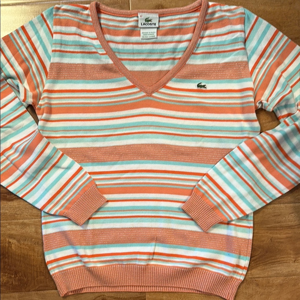 Lacoste Women's Striped Sweater, Salomon, White, Turquoise, size 42 (sm/md)